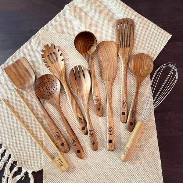 10 Piece Teak Wooden Utensil Set - Tilly Living