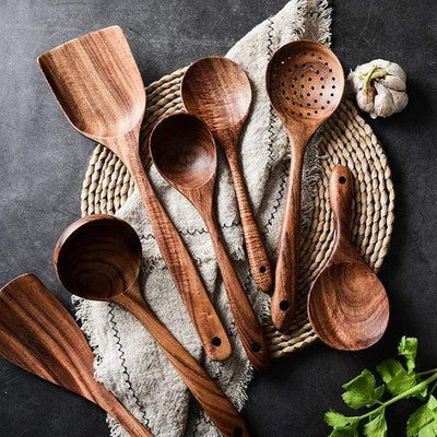 Teak Wooden Utensil Set | 7 piece cooking utensil set | Tilly Living