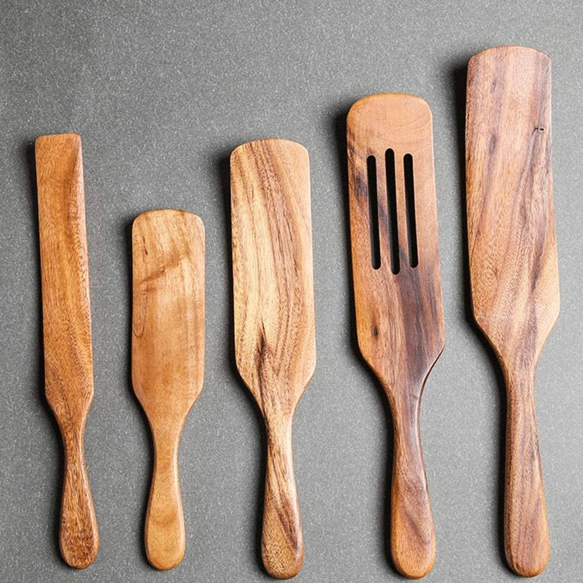 Wooden Spurtle Set Of 5 For Cooking, Acacia Wood Utensils For